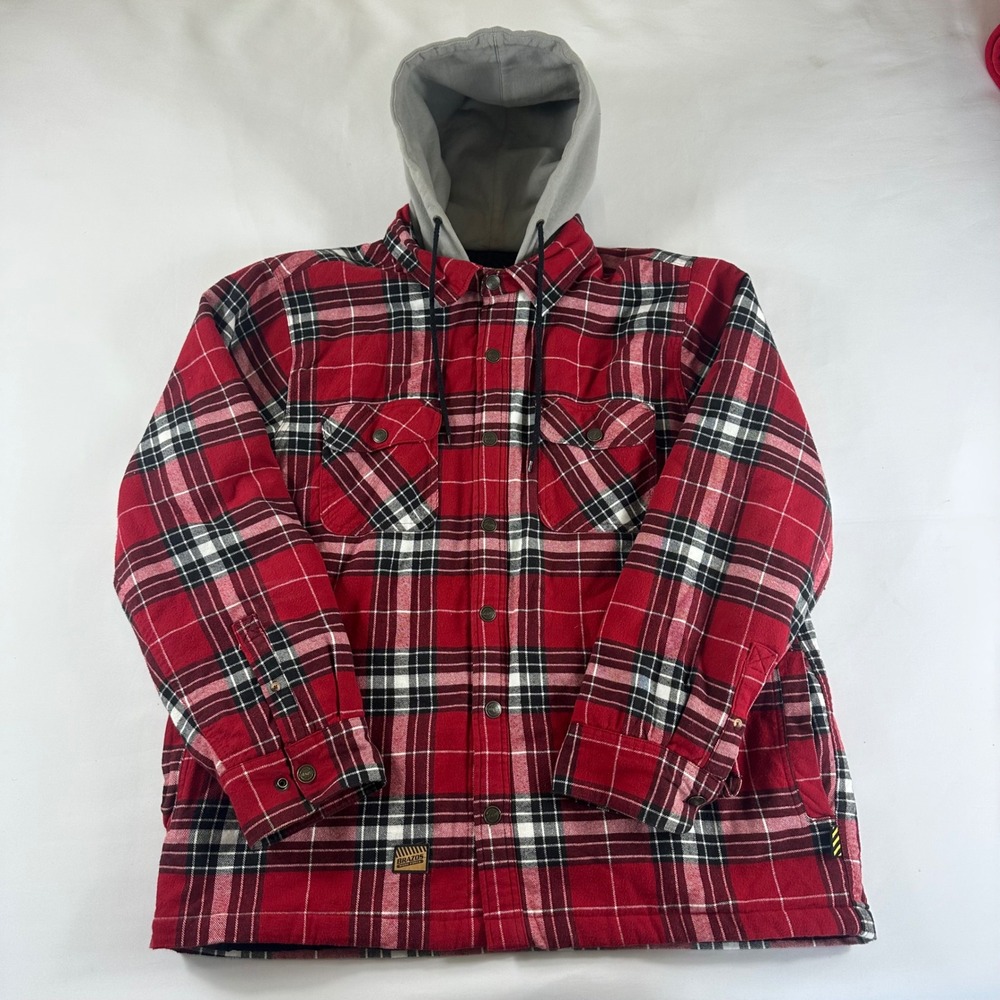 Brazos Work Force Men's XL‎ Red Plaid Flannel Lined Hooded Shirt Jacket
